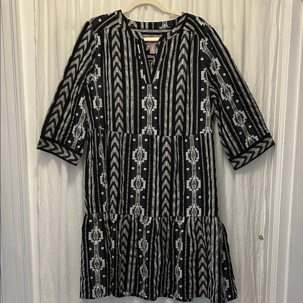 Chico's Dress Women’s L Black/White Aztec 3/4 Sleeve Tiered - Picture 1 of 16